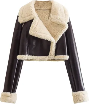 Women Leather Jacket Faux Fur Moto Jacket Thicken Fleece Lined Parka Winter Shearling Fluffy Coat Cropped Bomber Jacket