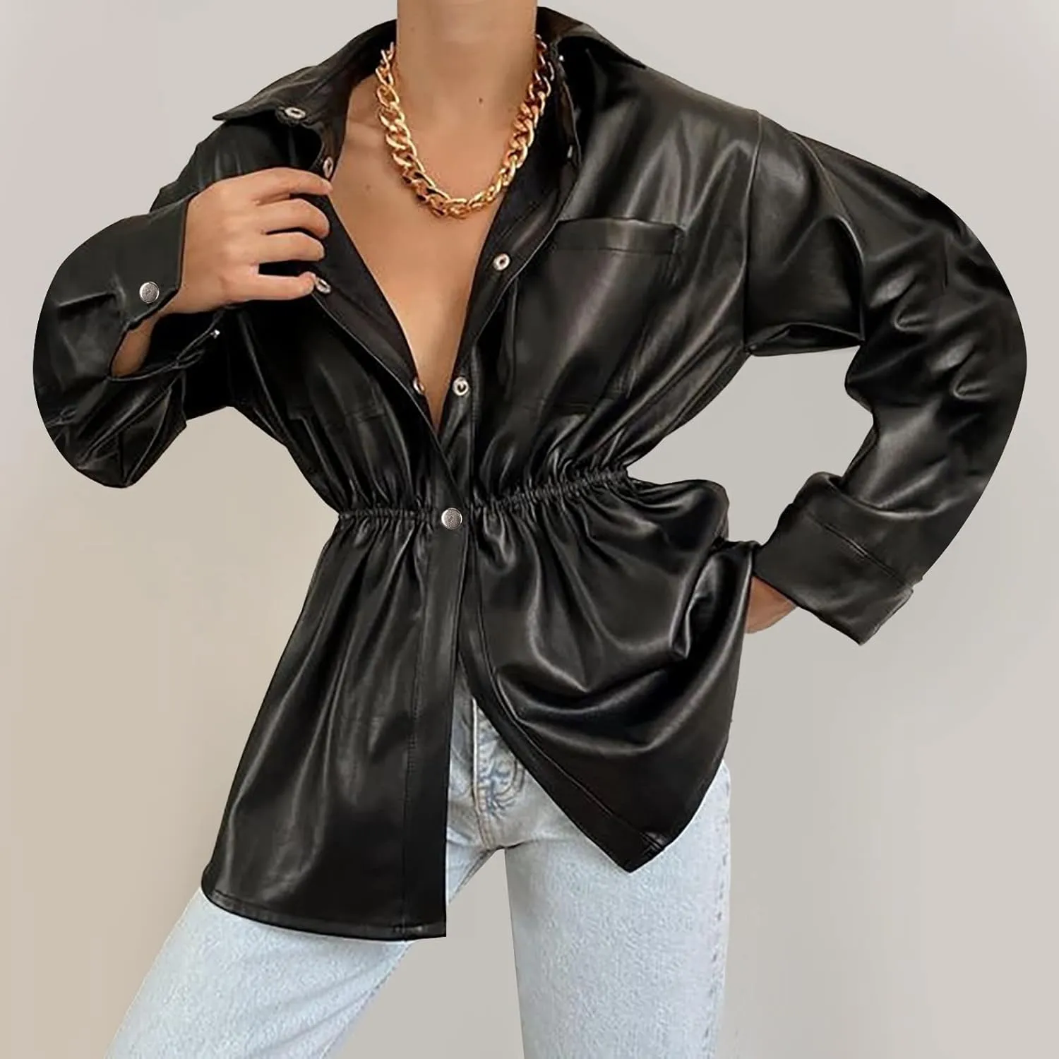 Women Leather Jacket Stand-Up Collar Zipper Stitching Solid Color Jacket Faux Leather Jacket Women Faux Leather