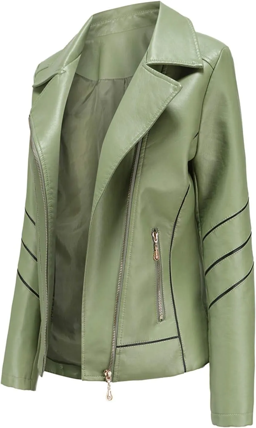Women Leather Jacket Stand-Up Collar Zipper Stitching Solid Color Jacket Faux Leather Jacket Women Faux Leather