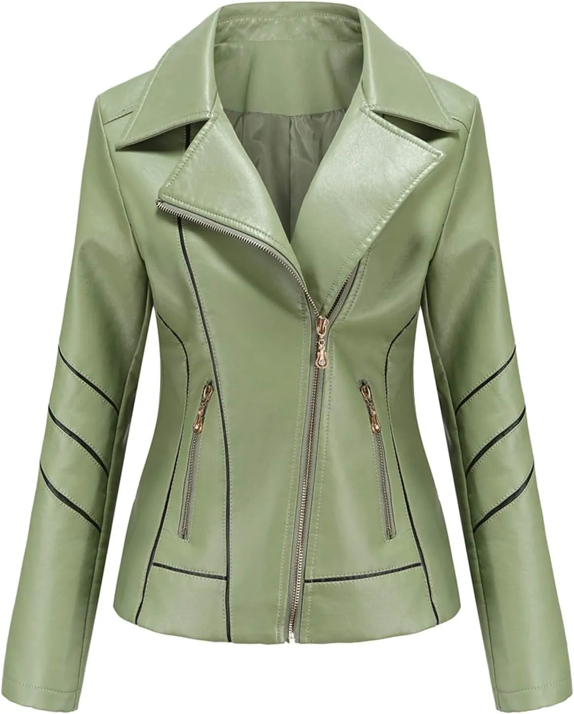 Women Leather Jacket Stand-Up Collar Zipper Stitching Solid Color Jacket Faux Leather Jacket Women Faux Leather