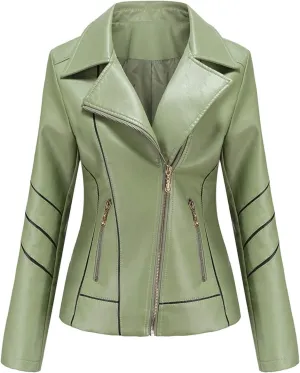 Women Leather Jacket Stand-Up Collar Zipper Stitching Solid Color Jacket Faux Leather Jacket Women Faux Leather