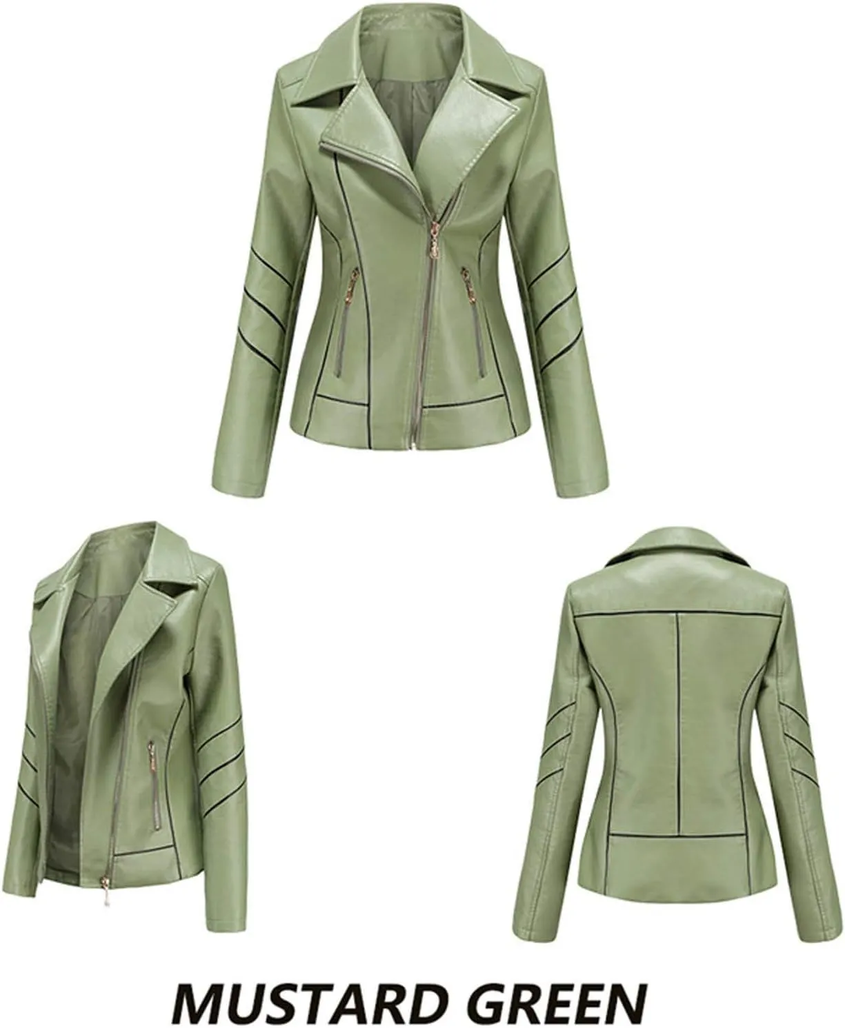 Women Leather Jacket Stand-Up Collar Zipper Stitching Solid Color Jacket Faux Leather Jacket Women Faux Leather