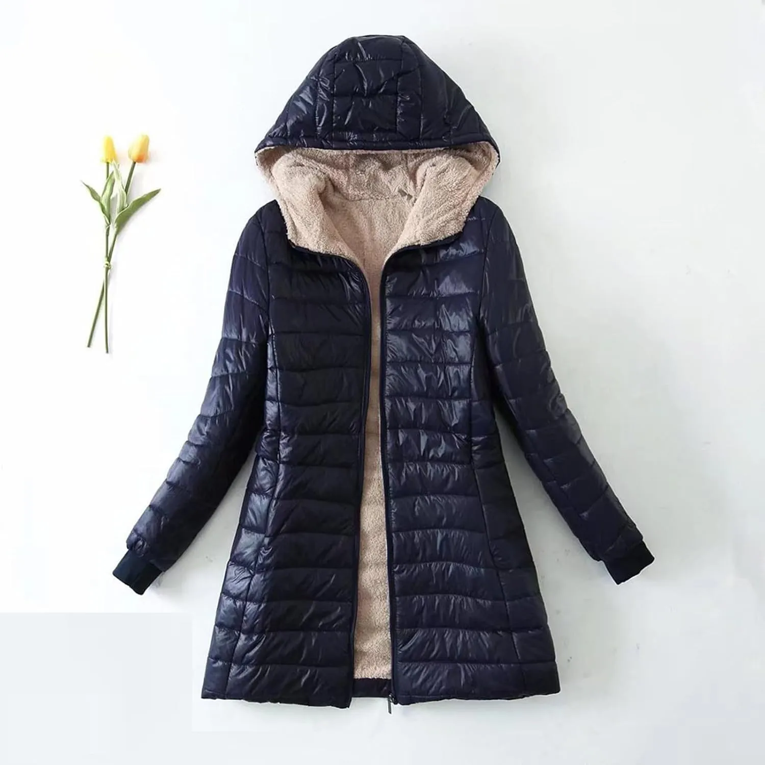 Women Lightweight Down Coat Packable Puffer Jacket Fleece Warm Winter Coat Hooded Mid-Length Jacket Outwear With Pocket