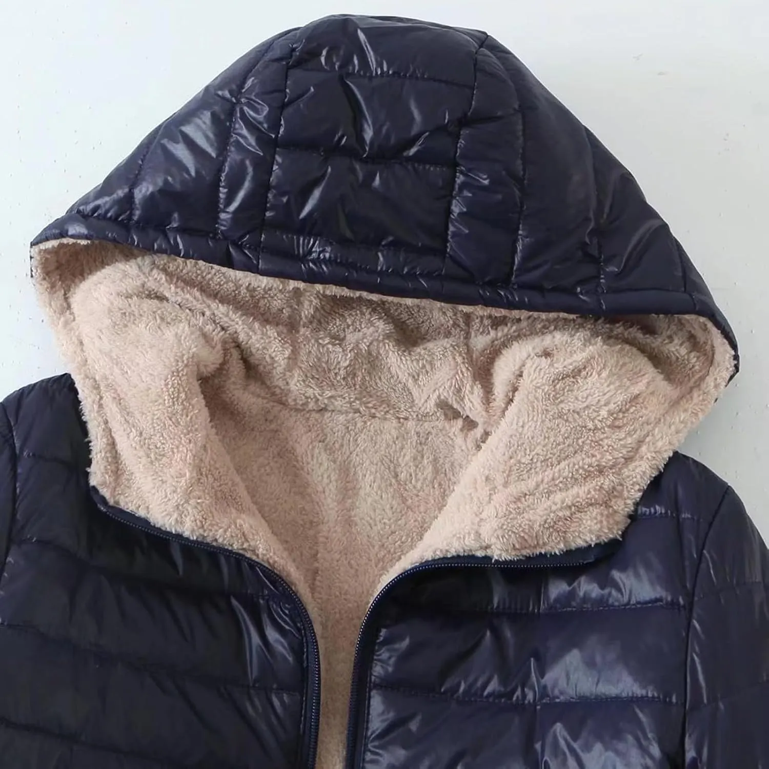 Women Lightweight Down Coat Packable Puffer Jacket Fleece Warm Winter Coat Hooded Mid-Length Jacket Outwear With Pocket