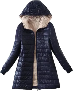 Women Lightweight Down Coat Packable Puffer Jacket Fleece Warm Winter Coat Hooded Mid-Length Jacket Outwear With Pocket