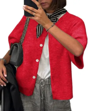 Women Lightweight Knitted Cropped Cardigan Shirt Short Sleeve Button Down Sweater Y2k Open Front Loose Ribbed Shirt