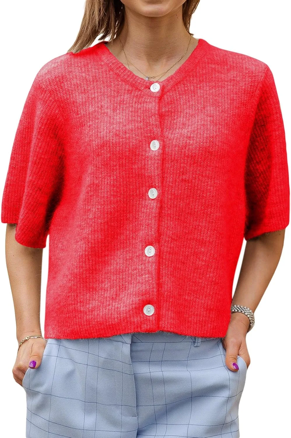 Women Lightweight Knitted Cropped Cardigan Shirt Short Sleeve Button Down Sweater Y2k Open Front Loose Ribbed Shirt