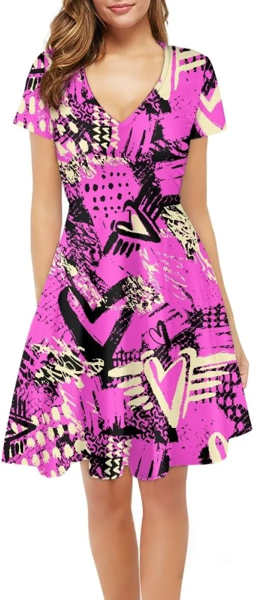 Women Plus Size Graffiti Printed Short Sleeve V Neck Swing Flowy Midi Tunic Dress