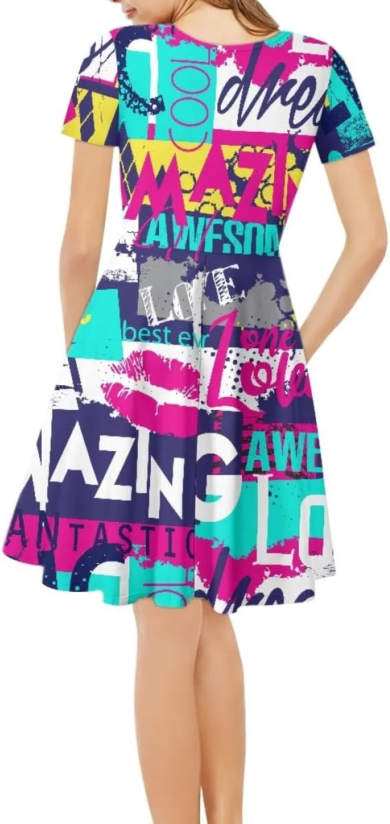 Women Plus Size Graffiti Printed Short Sleeve V Neck Swing Flowy Midi Tunic Dress
