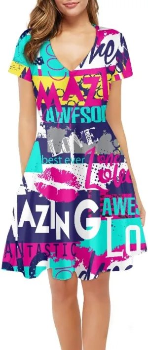 Women Plus Size Graffiti Printed Short Sleeve V Neck Swing Flowy Midi Tunic Dress