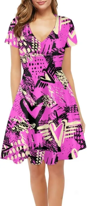 Women Plus Size Graffiti Printed Short Sleeve V Neck Swing Flowy Midi Tunic Dress
