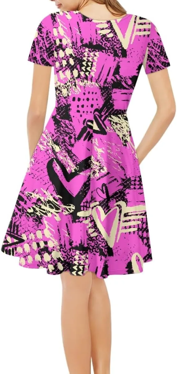 Women Plus Size Graffiti Printed Short Sleeve V Neck Swing Flowy Midi Tunic Dress