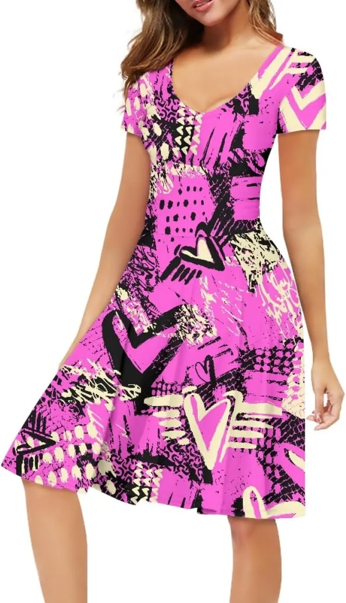 Women Plus Size Graffiti Printed Short Sleeve V Neck Swing Flowy Midi Tunic Dress