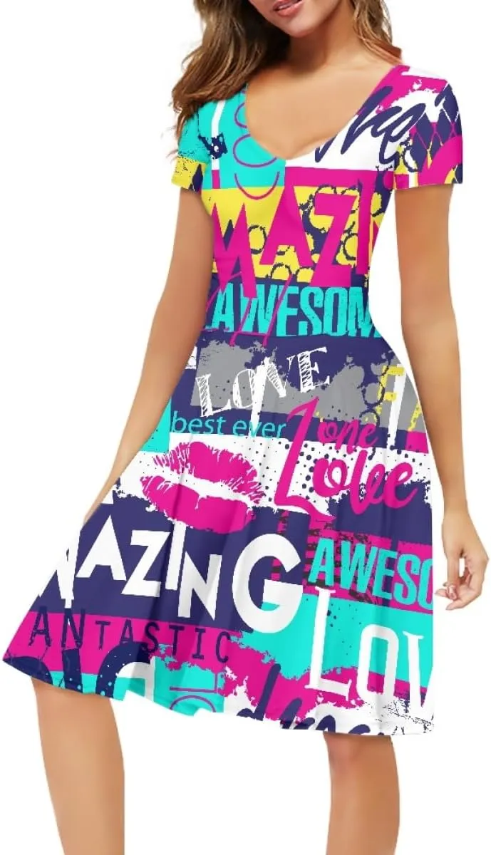 Women Plus Size Graffiti Printed Short Sleeve V Neck Swing Flowy Midi Tunic Dress