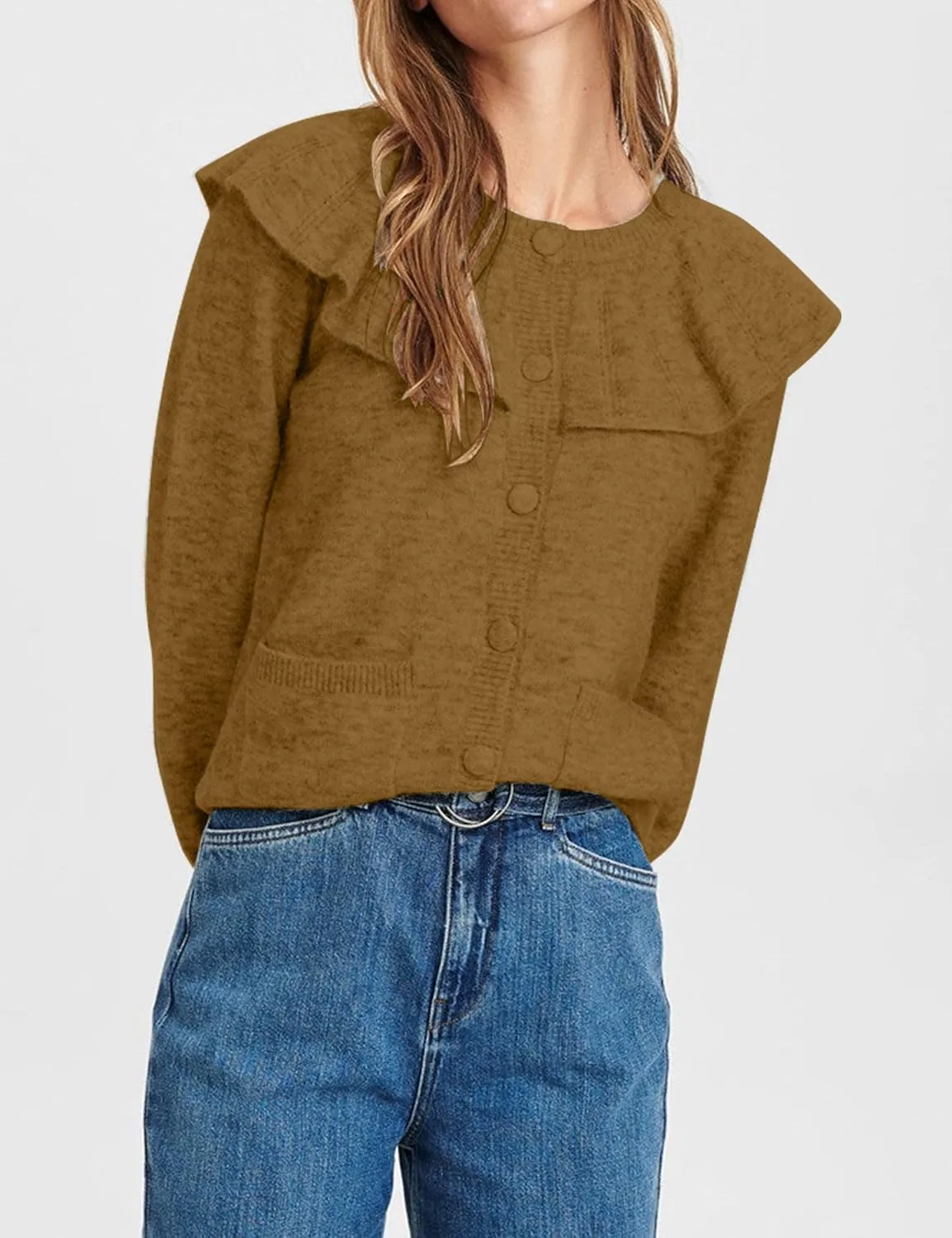 Women Ruffle Collar Button Down Cardigan Sweater Open Front Long Sleeve Knit Sweater Pullovers Top with Pockets