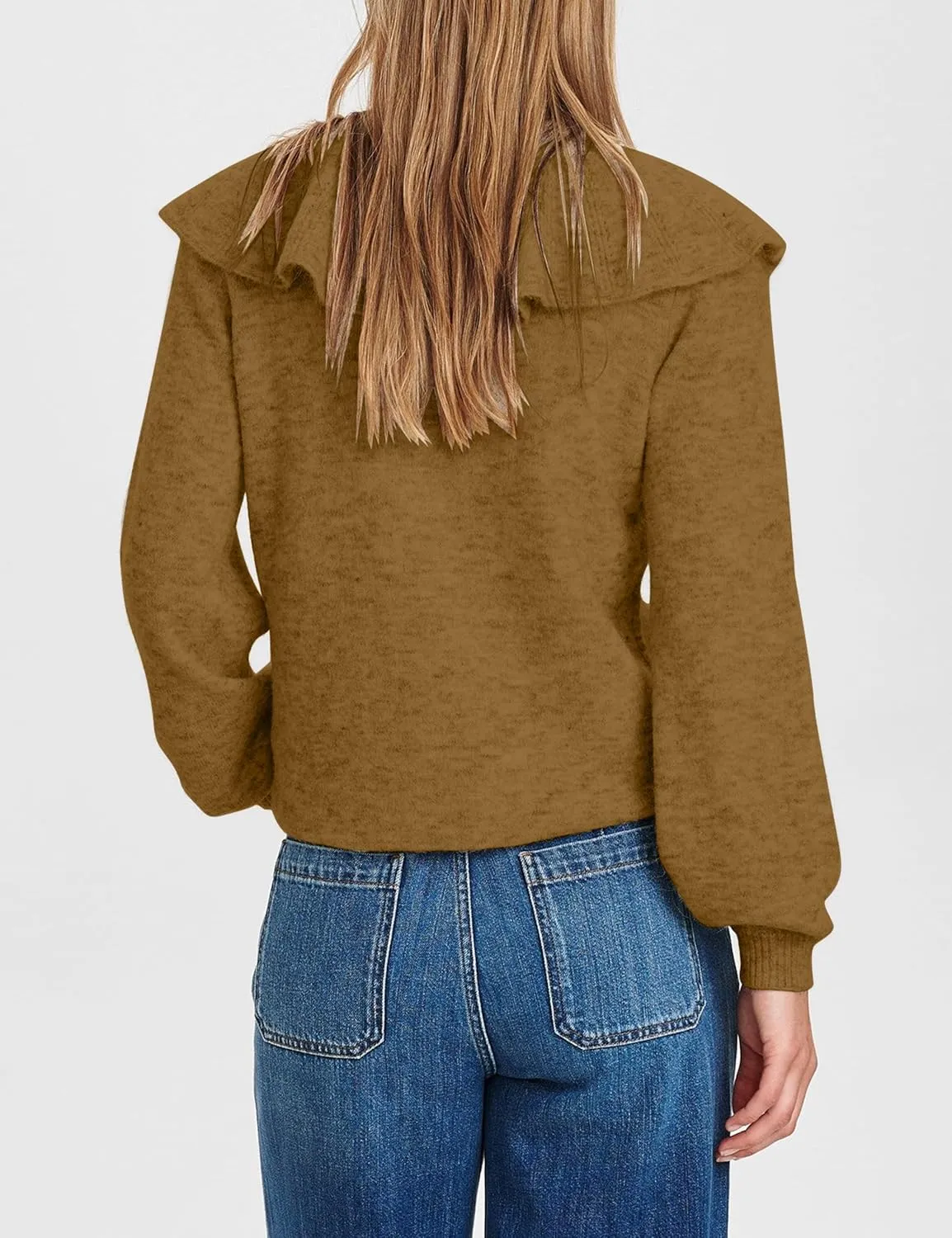 Women Ruffle Collar Button Down Cardigan Sweater Open Front Long Sleeve Knit Sweater Pullovers Top with Pockets