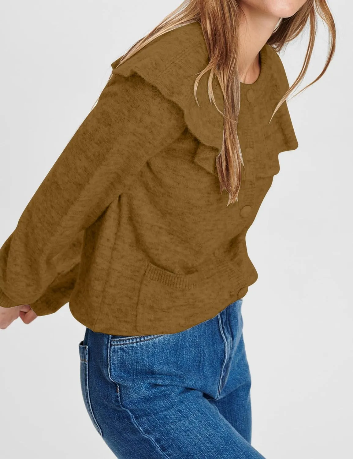 Women Ruffle Collar Button Down Cardigan Sweater Open Front Long Sleeve Knit Sweater Pullovers Top with Pockets