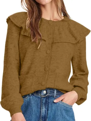 Women Ruffle Collar Button Down Cardigan Sweater Open Front Long Sleeve Knit Sweater Pullovers Top with Pockets