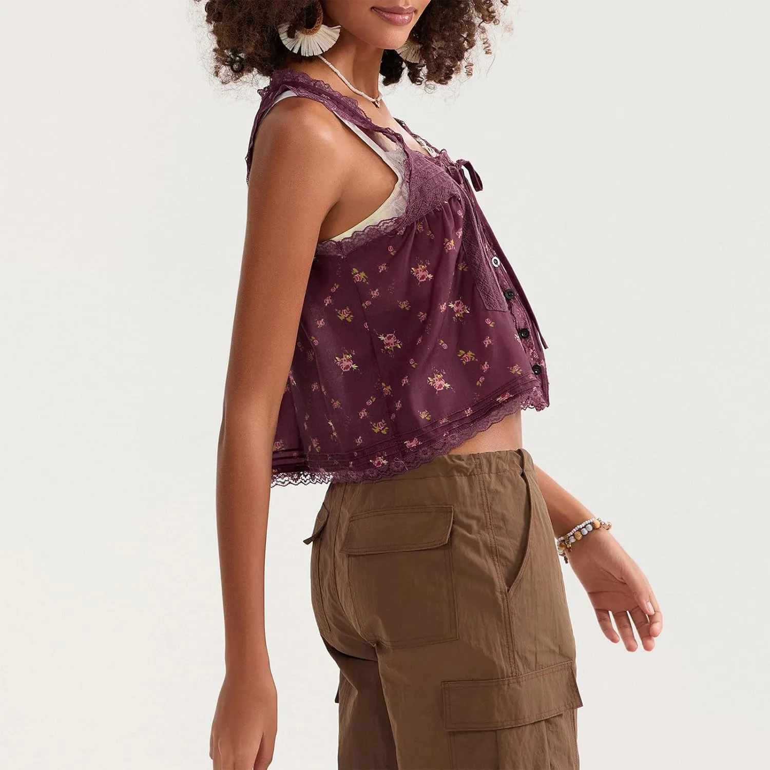 Women Sleeveless Lace Trim Tank Tops Cute Tie Button Front Semi Sheer Crop Vest Summer Ruffled Flowy Cami Shirt