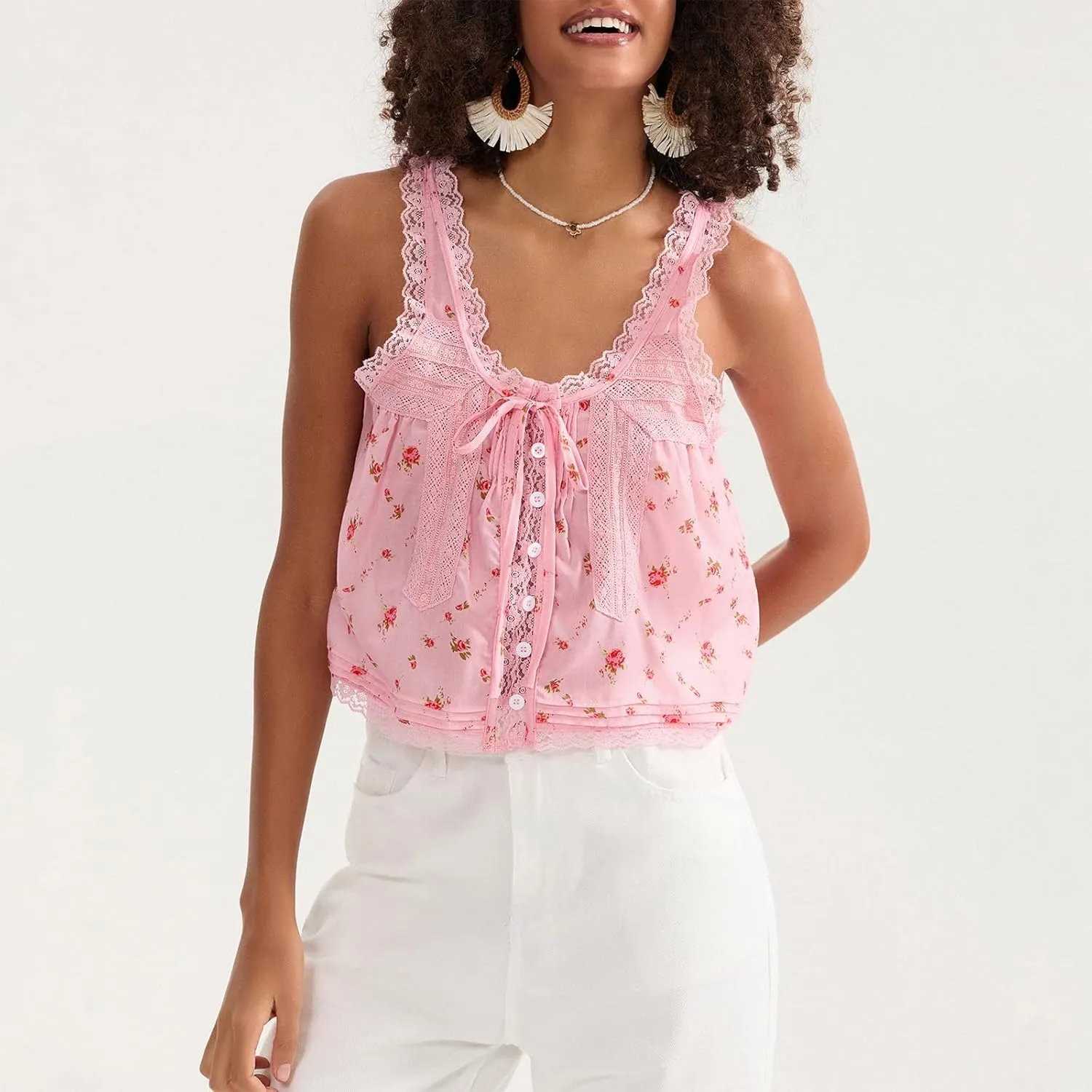 Women Sleeveless Lace Trim Tank Tops Cute Tie Button Front Semi Sheer Crop Vest Summer Ruffled Flowy Cami Shirt