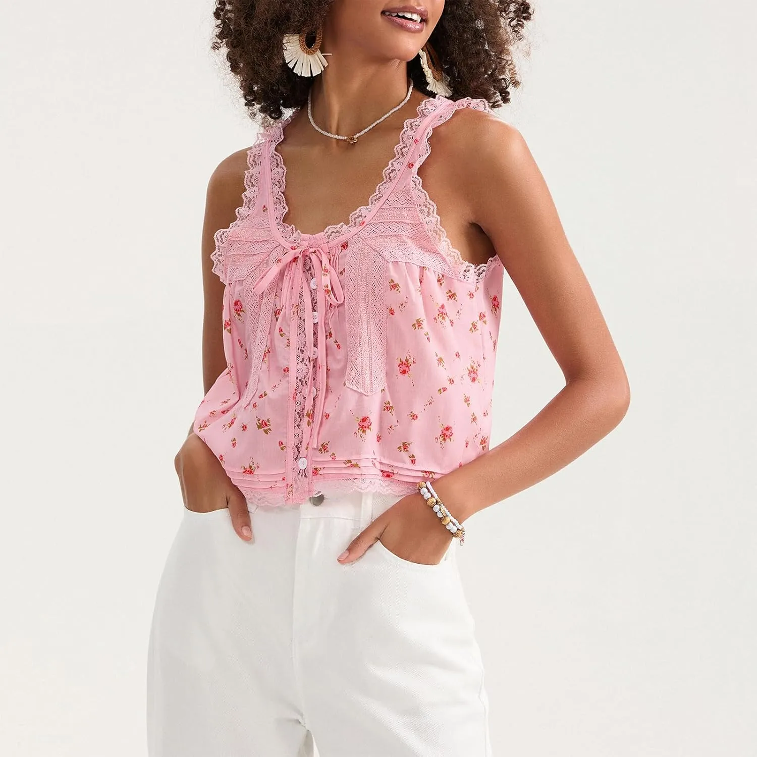 Women Sleeveless Lace Trim Tank Tops Cute Tie Button Front Semi Sheer Crop Vest Summer Ruffled Flowy Cami Shirt