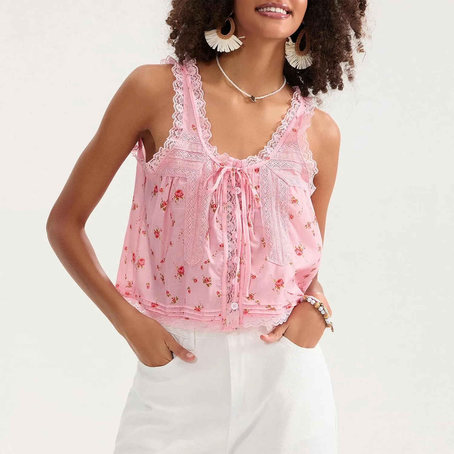 Women Sleeveless Lace Trim Tank Tops Cute Tie Button Front Semi Sheer Crop Vest Summer Ruffled Flowy Cami Shirt