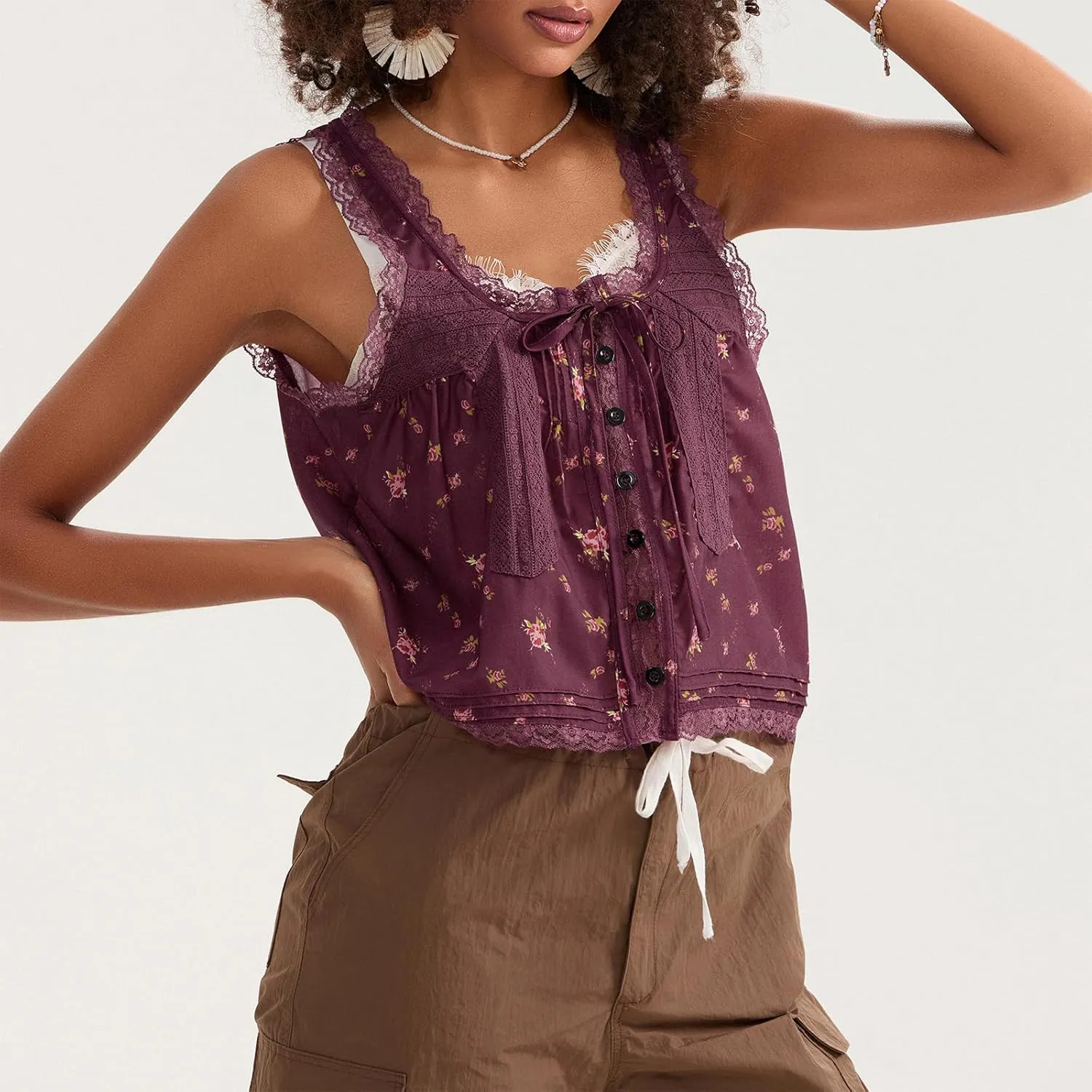 Women Sleeveless Lace Trim Tank Tops Cute Tie Button Front Semi Sheer Crop Vest Summer Ruffled Flowy Cami Shirt