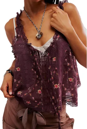 Women Sleeveless Lace Trim Tank Tops Cute Tie Button Front Semi Sheer Crop Vest Summer Ruffled Flowy Cami Shirt