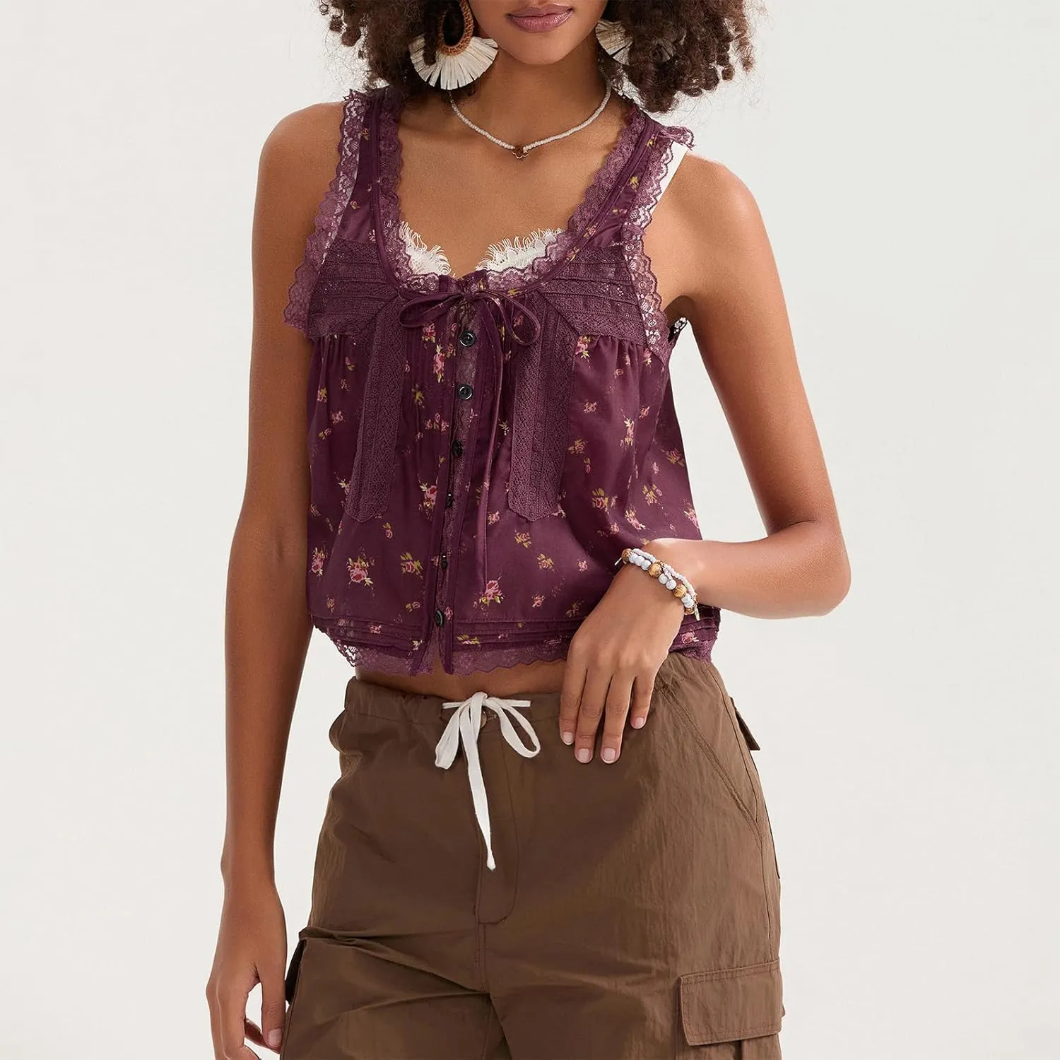 Women Sleeveless Lace Trim Tank Tops Cute Tie Button Front Semi Sheer Crop Vest Summer Ruffled Flowy Cami Shirt