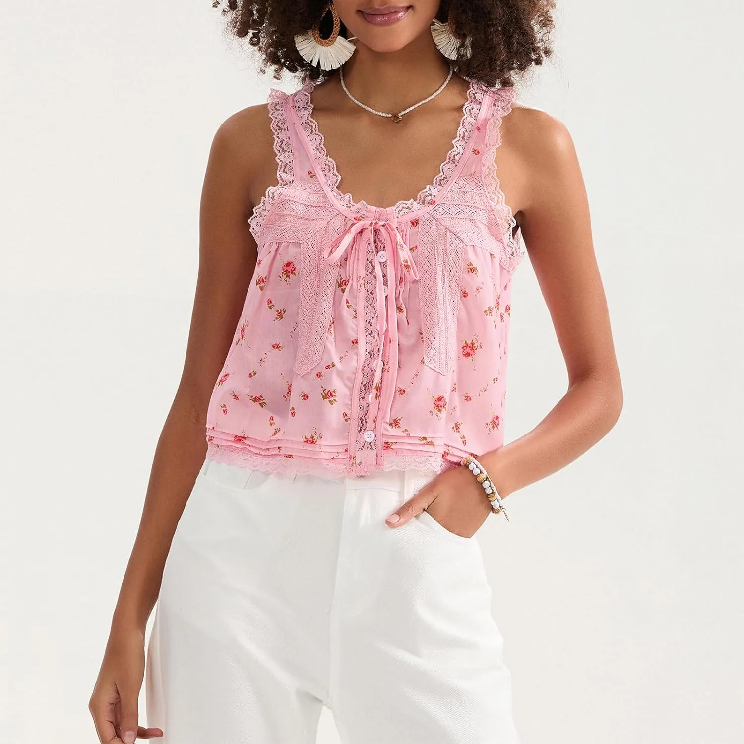 Women Sleeveless Lace Trim Tank Tops Cute Tie Button Front Semi Sheer Crop Vest Summer Ruffled Flowy Cami Shirt