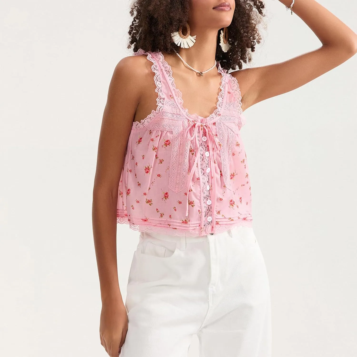 Women Sleeveless Lace Trim Tank Tops Cute Tie Button Front Semi Sheer Crop Vest Summer Ruffled Flowy Cami Shirt