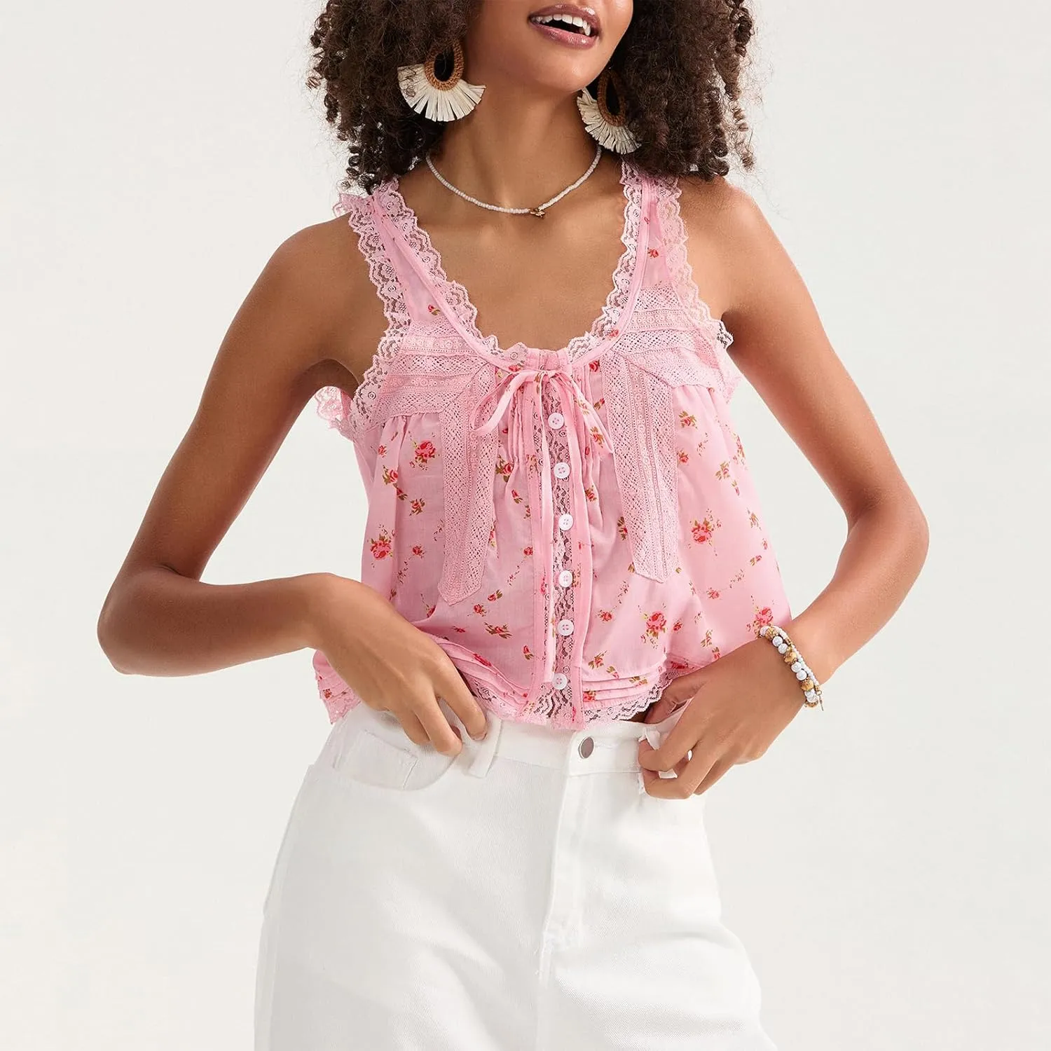 Women Sleeveless Lace Trim Tank Tops Cute Tie Button Front Semi Sheer Crop Vest Summer Ruffled Flowy Cami Shirt