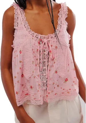 Women Sleeveless Lace Trim Tank Tops Cute Tie Button Front Semi Sheer Crop Vest Summer Ruffled Flowy Cami Shirt