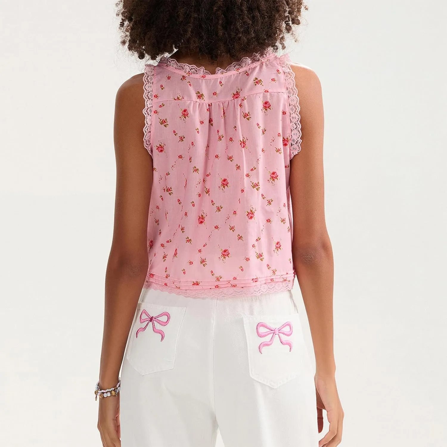 Women Sleeveless Lace Trim Tank Tops Cute Tie Button Front Semi Sheer Crop Vest Summer Ruffled Flowy Cami Shirt