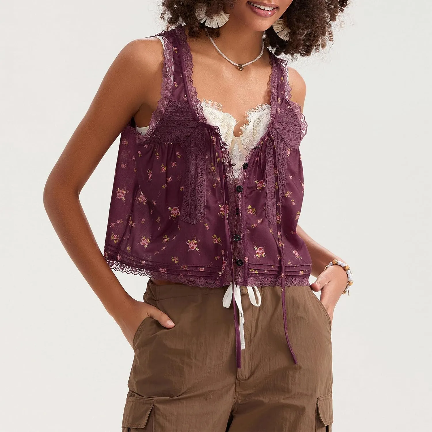 Women Sleeveless Lace Trim Tank Tops Cute Tie Button Front Semi Sheer Crop Vest Summer Ruffled Flowy Cami Shirt
