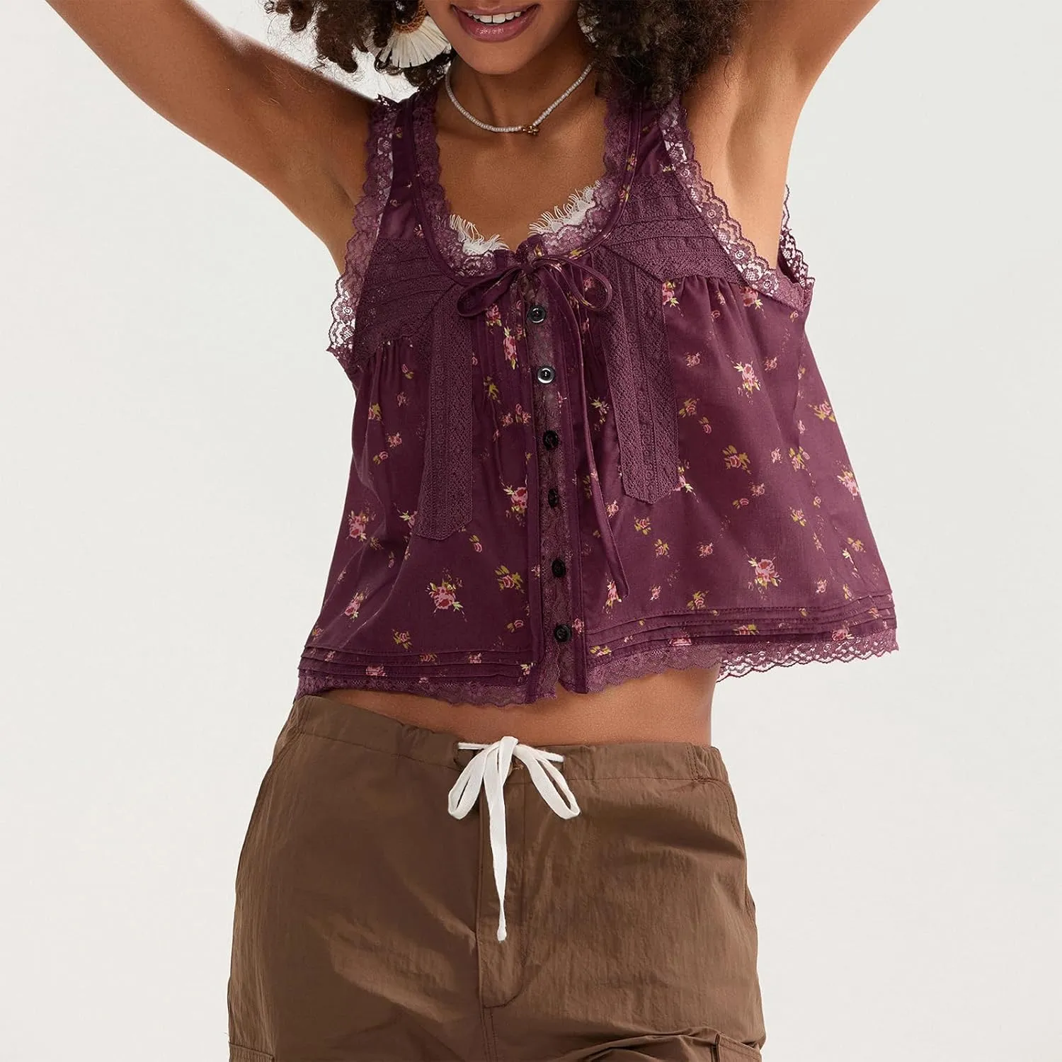 Women Sleeveless Lace Trim Tank Tops Cute Tie Button Front Semi Sheer Crop Vest Summer Ruffled Flowy Cami Shirt