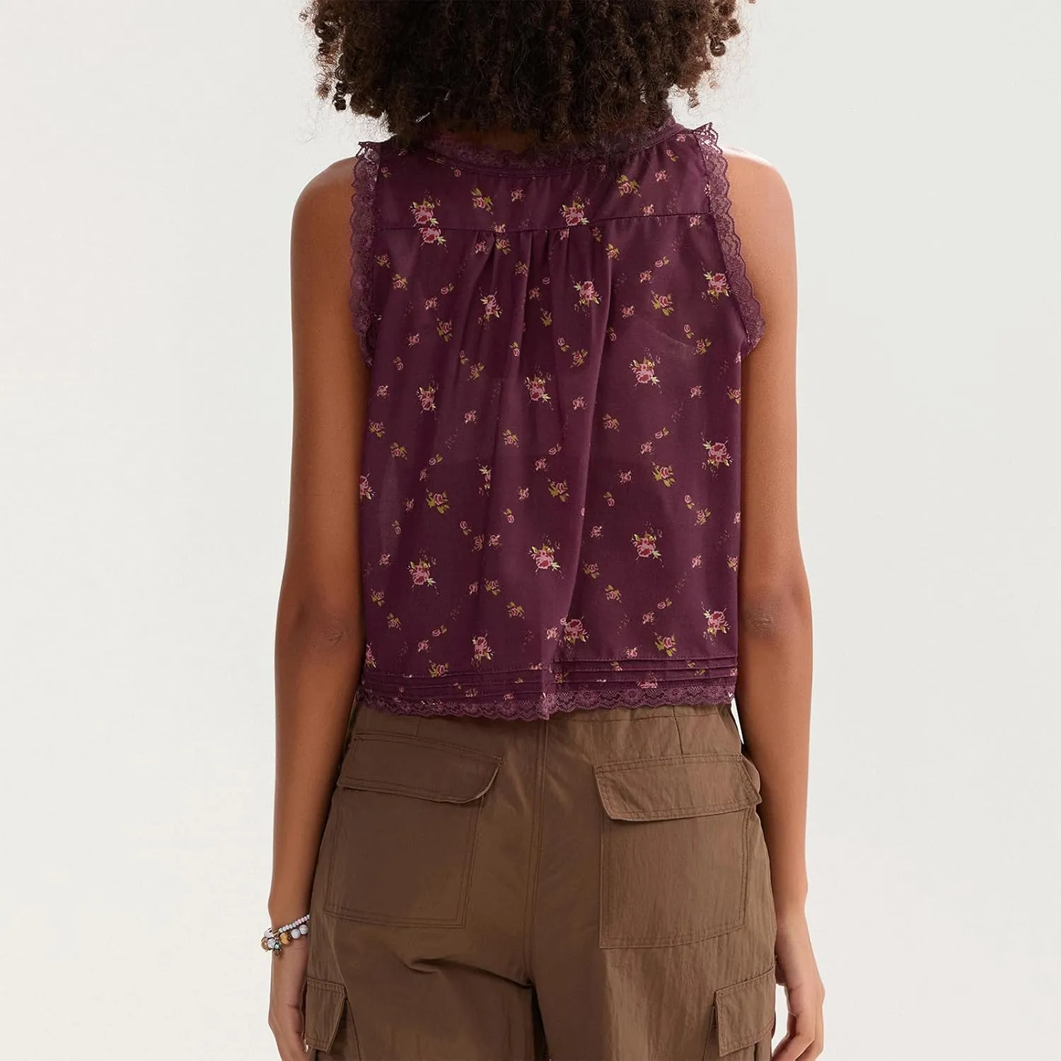 Women Sleeveless Lace Trim Tank Tops Cute Tie Button Front Semi Sheer Crop Vest Summer Ruffled Flowy Cami Shirt