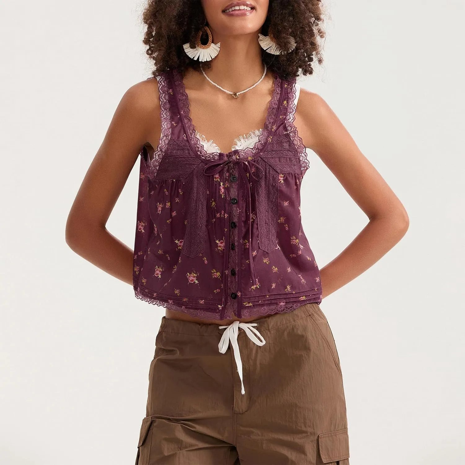 Women Sleeveless Lace Trim Tank Tops Cute Tie Button Front Semi Sheer Crop Vest Summer Ruffled Flowy Cami Shirt