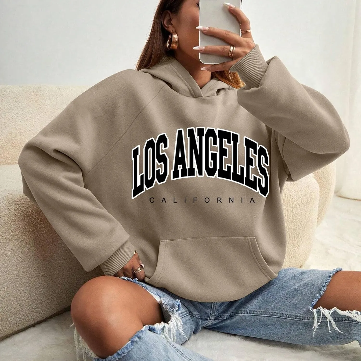 Women Solid Basic Fleece Letter Loose Hoodie Sweatshirt Long Sleeve Pocket Drop Shoulder Pullovers Top Pullover