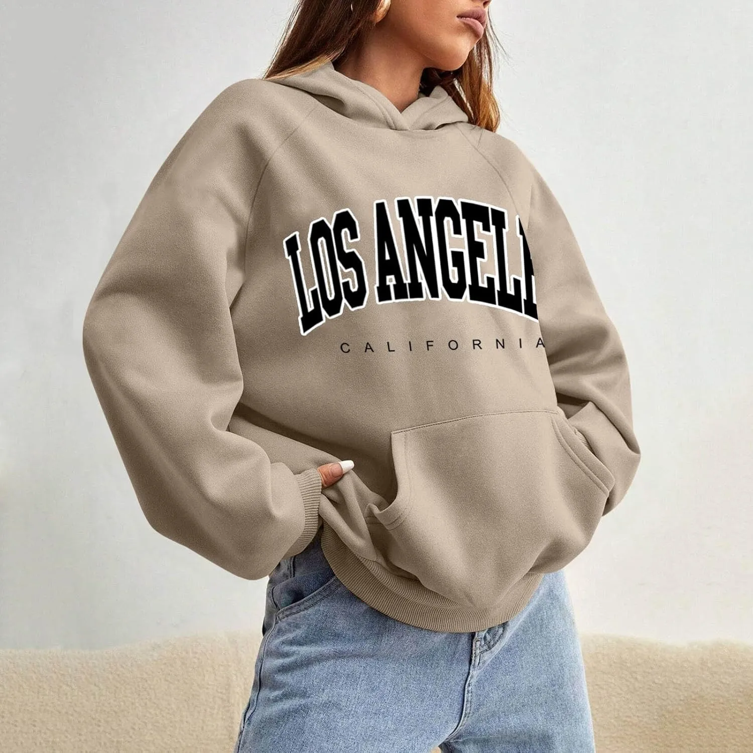 Women Solid Basic Fleece Letter Loose Hoodie Sweatshirt Long Sleeve Pocket Drop Shoulder Pullovers Top Pullover