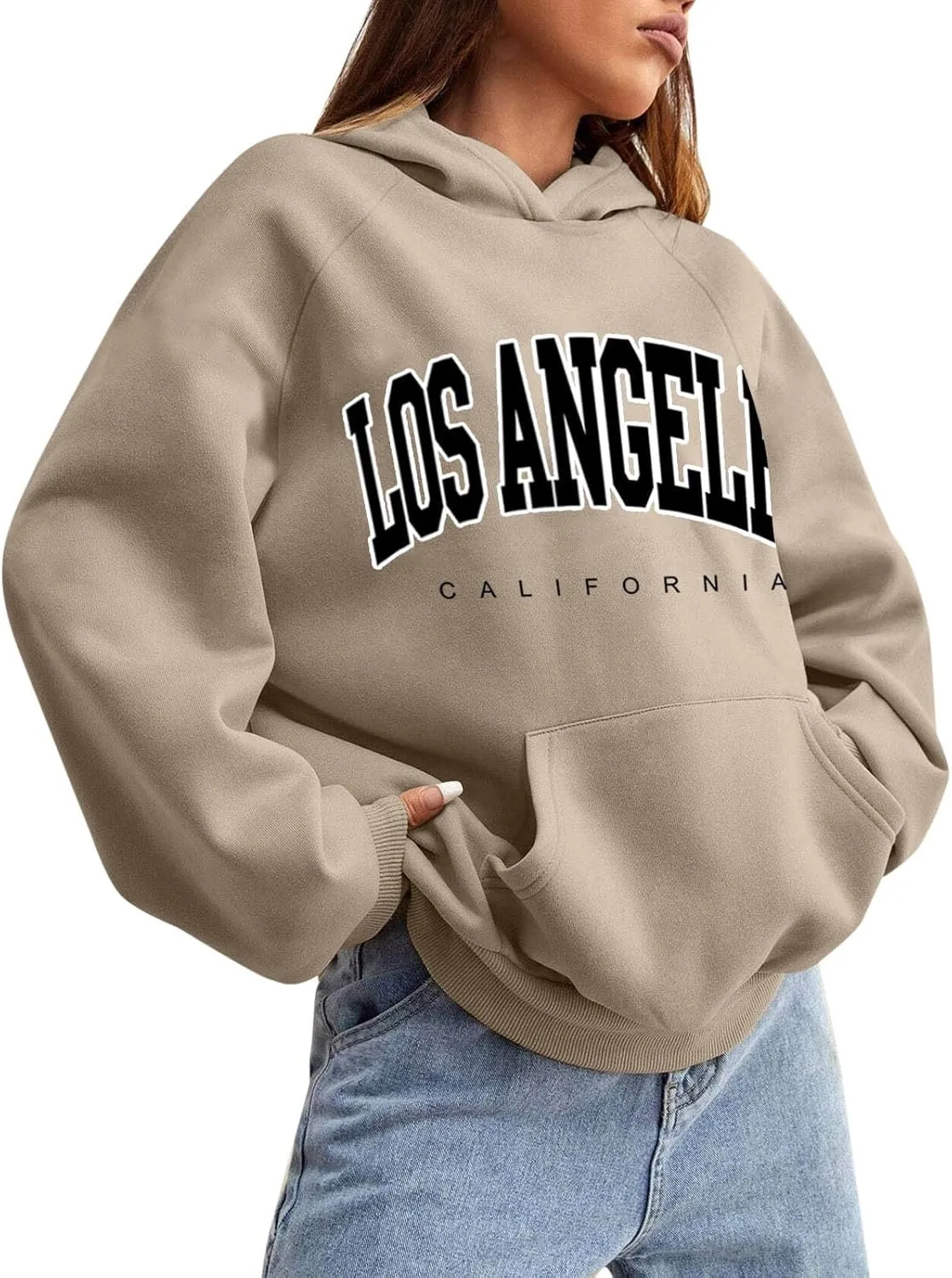 Women Solid Basic Fleece Letter Loose Hoodie Sweatshirt Long Sleeve Pocket Drop Shoulder Pullovers Top Pullover