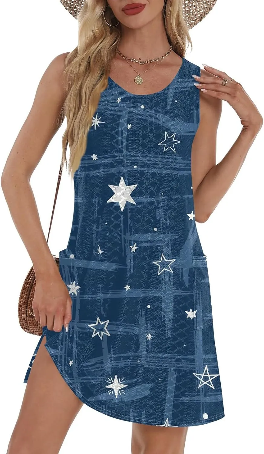 Women Spring Dresses Beach Cover Up V Neck Aline Sleeveless Floral Print Tropical Tank Sundress with Pockets