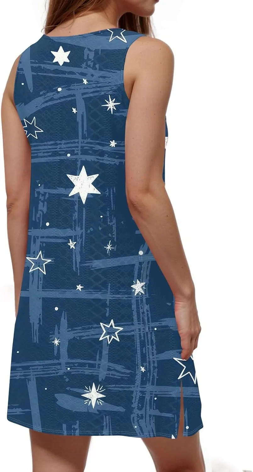 Women Spring Dresses Beach Cover Up V Neck Aline Sleeveless Floral Print Tropical Tank Sundress with Pockets