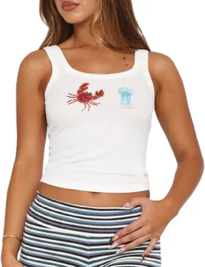 Women Starfish Seashell Tops Sleeveless Sequin Embroidery Beaded Tank Tops Y2k Slim Fit Going Out Beach Top