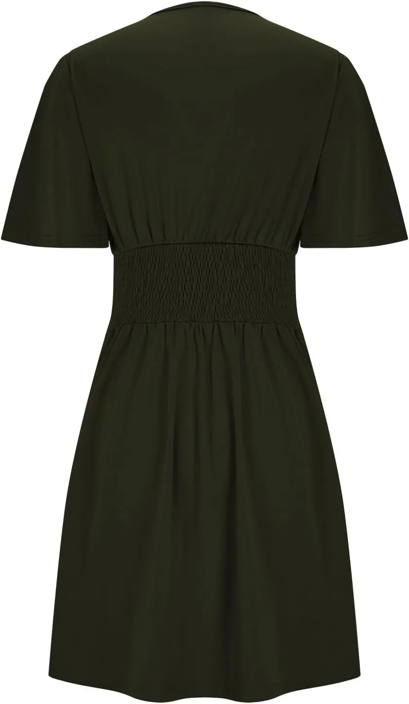 Women Summer Casual Beach Sundress Elegant Wrap Sexy V Neck Ruffle Sleeve Mini Dress 2025 Fashion Swing Dresses