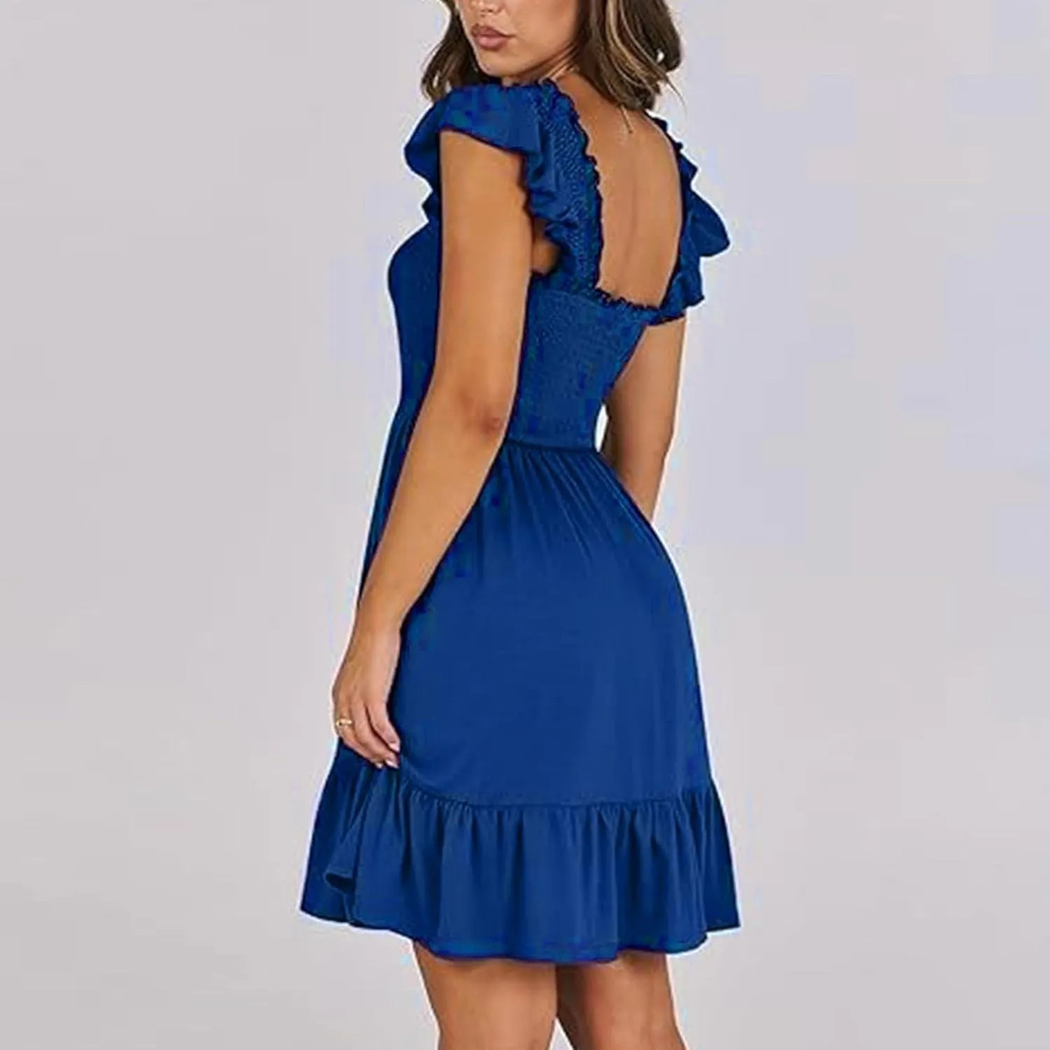 Women Summer Casual Sleeveless Square Neck Smocked Ruffle Backless Boho Mini Dress Flowy Beach Cute Swing Dress