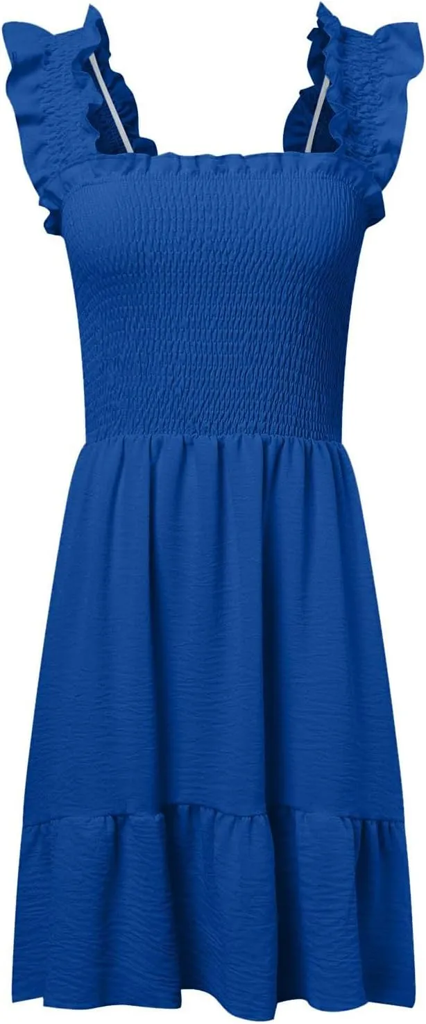 Women Summer Casual Sleeveless Square Neck Smocked Ruffle Backless Boho Mini Dress Flowy Beach Cute Swing Dress