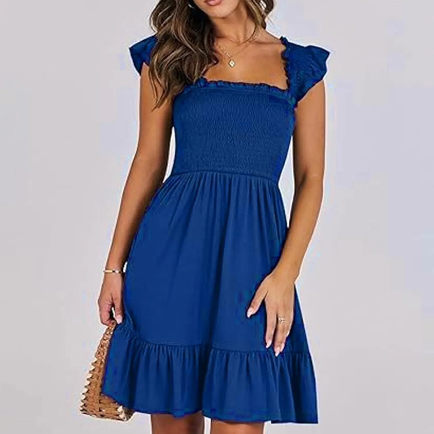Women Summer Casual Sleeveless Square Neck Smocked Ruffle Backless Boho Mini Dress Flowy Beach Cute Swing Dress