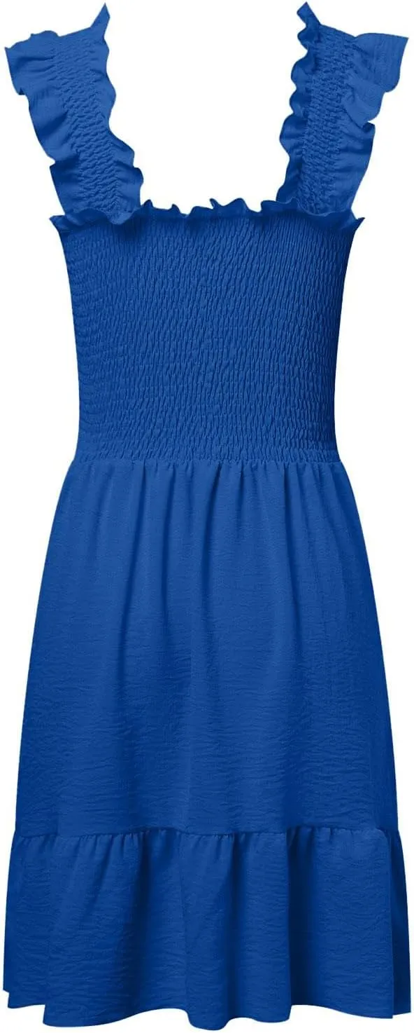 Women Summer Casual Sleeveless Square Neck Smocked Ruffle Backless Boho Mini Dress Flowy Beach Cute Swing Dress