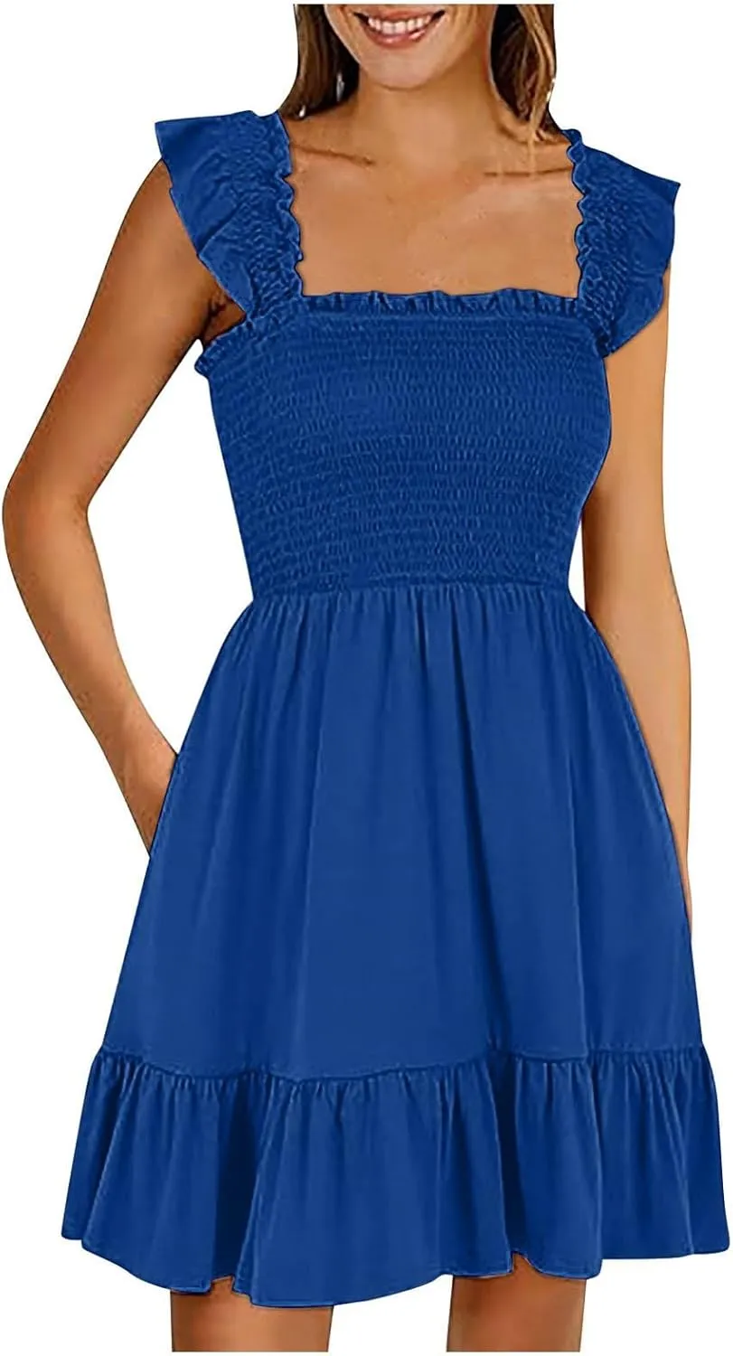 Women Summer Casual Sleeveless Square Neck Smocked Ruffle Backless Boho Mini Dress Flowy Beach Cute Swing Dress